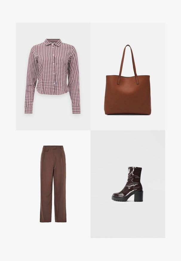 Košulja dugih rukava s gumbima u ružičastoj i ljubičastoj kariranoj uzorak. Ima ovratnik, zakrivljeni rub i mekanu teksturu tkanine.; Smeđe tkanine široke hlače s visokim strukom, prednjim nabranjima i detaljem gumba. Glatka tekstura s krojenim dizajnom.; Sjajna burgundska čizma do gležnja s debelim crnim potplatom, koja se odlikuje glatkom teksturom i jednostavnim dizajnom. Nema vidljivih kopčanja ili uzoraka.; Smeđa kožna torba preko ramena s glatkom teksturom, otvorenim vrhom i dvjema naramenicama. Ima minimalne šavove i nema vidljivog hardvera.