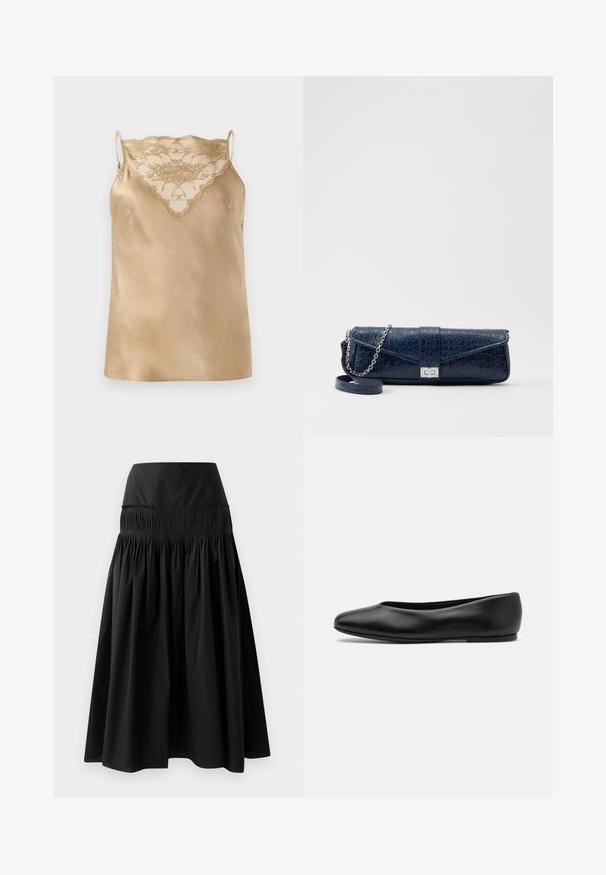 Camisole en satin beige avec des détails en dentelle au niveau du col, dotée de fines bretelles réglables et d'une texture lisse et brillante.; Jupe noire longueur genou en tissu lisse, avec une taille ajustée et un design noué pour plus de volume.; Paul Smith TOPANGA - Ballerines - black; Pochette en cuir bleu marine avec une texture crocodile, une chaîne en argent et un fermoir métallique. De forme rectangulaire avec un design rabat.