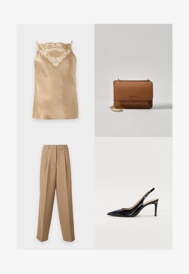 Camisola de cetim em bege com detalhes em renda na gola, apresentando alças finas ajustáveis e uma textura suave e brilhante.; Calças bejes ajustadas com uma cintura alta, frente plissada e corte largo. O tecido parece suave com um ligeiro brilho.; Sandal com salto em verniz preto, bico fino, salto esguio e um design de recorte subtil. Apresenta uma fivela dourada na alça.; Bolsa crossbody de couro texturizado castanho com alça de corrente dourada e fecho com aba. A parte da frente apresenta detalhe do logótipo e um bolso sob a aba.
