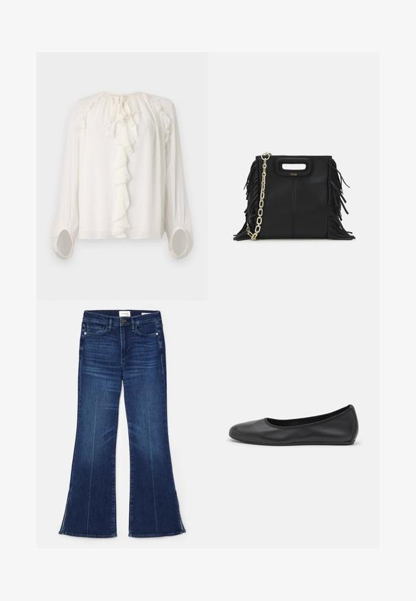 Weiße Bluse mit langen Ärmeln und einem gerafften Ausschnitt sowie Manschetten. Weicher, leichter Stoff mit Raffung an den Schultern und Ärmeln.; Dunkelblaue, ausgestellte Jeans aus Denim. Mit hoher Taille, vorderen Taschen und Schlitzen am Saum. Klassisches Fünf-Taschen-Design.; Schwarze Leder-Ballettschuhe mit abgerundeter Spitze, glatter Textur, minimalen Nähdetails und einem flexiblen Sohlen-Design.; Schwarze Lederhandtasche mit Fransen-Details, goldener Ketten-Schulterriemen und einem ausgeschnittenen Griff. Mit Logoplatzierung auf der Vorderseite.