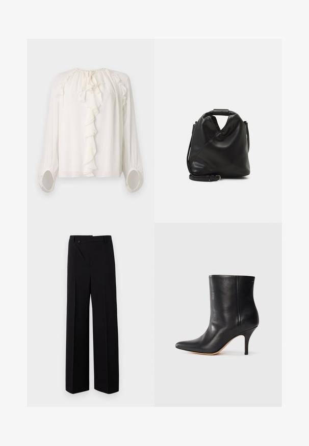 White, long-sleeved blouse with a ruffled neckline and cuffs. Soft, lightweight fabric with gathered detailing at the shoulders and sleeves.; Black wide-leg trousers with a flat front, button closure, and smooth fabric texture. Features a straight cut and crisp lines.; Black leather ankle boot with pointed toe, slim stiletto heel, and smooth texture. Minimalist design with no visible hardware or accents.; Black, soft leather bag with a unique twisted design. Features a short handle and a detachable shoulder strap. Minimalist style.