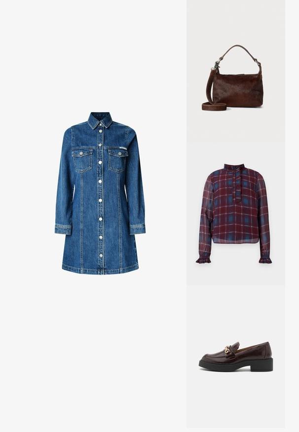 Long-sleeve burgundy and blue plaid blouse with ruffled high collar, button placket, and ruffled cuffs.; Denim shirt dress, long sleeves, button-up front, two chest pockets, classic collar, medium blue color, and light stitching details.; Brown leather loafer with a gold accent buckle, black block heel, and a smooth texture. Side view showcases rounded toe and stitched detailing.; Brown leather handbag with a soft, textured fur-like exterior, slim design, a short handle, and a detachable strap.
