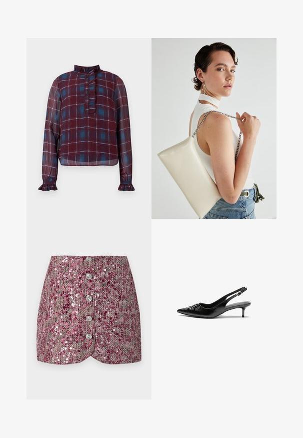Bluză cu mâneci lungi, în carouri burgund și albastru, cu guler înalt volanat, închidere cu nasturi și mansete volanate.; Fustă roz din paiete cu un țesătură texturată, având un design ajustat și cinci nasturi argintii pe partea din față. Marginile conturate și accentele strălucitoare.; Cizme slingback din piele neagră, cu vârf ascuțit, toc mic de tip kitten heel și un detaliu decorativ sub formă de nod în față. Textură netedă pe întreaga suprafață.; Geantă de clutch rectangulară albă, realizată dintr-un material lucios, având o curea de lanț argintie. Modelul pozează, evidențiind geanta pe un fundal simplu.