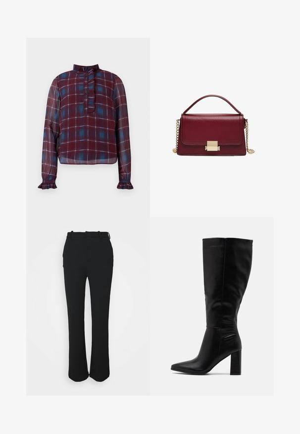 Langærmet bluse i burgunder og blåternet med flæsekrave, knaplukning og flæseærmer.; Sorte skræddersyede bukser med en glat finish, lige ben design og en taljeelastik. Har diskrete stikninger og ingen lommer.; RAID JORDANN - Højhælede støvler - black; Marron læderhåndtaske med struktureret design, guldhardware-lås og en aftagelig kædetras. Glat tekstur og rektangulær form.