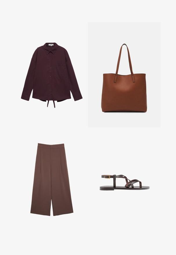 Donkerpaarse lange mouwen overhemd met knopen en kraag, borstzak en verstelbare strikken aan de zoom.; Bruine wijde broek met een gladde textuur, voorzien van een hoge taille en plooien aan de voorkant. De stof is lichtgewicht en valt losjes.; Bruine leren sandaal met kruisingen van banden, een enkelgesp-sluiting en een platte zool met minimale stikdetails.; Bruine leren tote bag met een gladde textuur, een ontwerp met een open bovenkant en twee schouderbanden. Kenmerkt zich door minimale stiksels en geen zichtbare hardware.