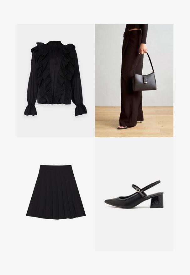 Svart bluse med rynket front og ermer, laget av lett stoff, med intrikate broderier og høy hals.; Svart plisserte skjørt laget av teksturert stoff med en tettsittende linning. Går til knelengde, med en glatt, ren silhuett.; Sorte lakk lær slingback hæler med spiss tå, et avrundet utskjæringsdesign og blokkheel. Har en gulltone spenne som detalj.; Svart håndveske med strukturert form, jevn tekstur og metallisk lås. Kombinert med brede svarte bukser og sandaler med åpen tå på tregulv.