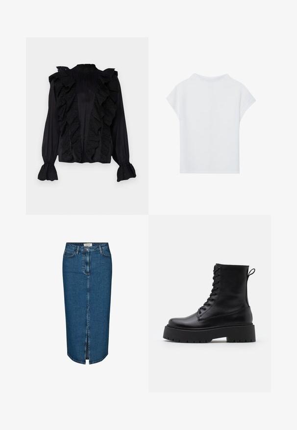Černá blůza s volánovým předním dílem a rukávy, vyrobená z lehkého materiálu, s propracovanou výšivkou a vysokým výstřihem.; Bílý krátký rukáv top s uvolněným střihem, lehkým materiálem a kulatým výstřihem. Zadní pohled ukazuje hladký, jednoduchý design.; Džínová tužková sukně v tmavě modré barvě, s předním rozparkem, pěti kapsami a kontrastním prošíváním. Střední pas s klasickým designem.; Černé kožené kotníkové boty s kulatou špičkou, šněrováním na přední straně a silnou gumovou podešví s texturovaným vzorkem. S poutkem vzadu.