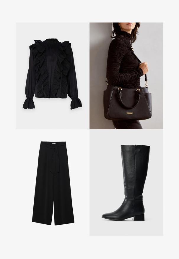 Schwarze Bluse mit Rüschendetail an der Vorderseite und den Ärmel, aus leichtem Stoff gefertigt, mit filigraner Stickerei und hohem Ausschnitt.; Schwarze weite Hosen aus strukturiertem Stoff, mit elastischem Bund und einem abnehmbaren Bindegürtel in der Taille für eine verstellbare Passform.; Schwarze kniehohe Lederstiefel mit niedrigem Blockabsatz und spitzer Zehenform, seitlich auf einem schlichten hellen Hintergrund gezeigt.; Schwarze Handtasche mit strukturierten Oberflächen, doppelten Obergriffen und verstellbarem Schultergurt. Mit goldfarbener Hardware und Seitentaschen.