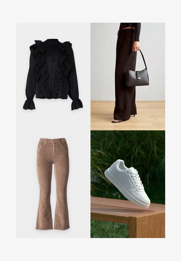 Melnā blūze ar drapētu priekšpusi un piedurknēm, izgatavota no viegla auduma, ar sarežģītu izšuvumu un augstu kakla izgriezumu.; Brūni kordūrveida izspiedumi ar ribota tekstūru, ar augsto jostasvietu, piecām kabatām un priekšējo pogu aizdari.; Baltie sporta apavi ar gludu sintētisku augšpusi, perforētu pirkstu daļu, plakani šņorēm un rakstainu zoli, novietoti uz koka virsmas.; Melnā somiņa ar strukturētu formu, gludu tekstūru un metālu sprādzi. Saskaņota ar platām melnām biksēm un sandālēm ar atvērtu purngalu uz koka grīdas.