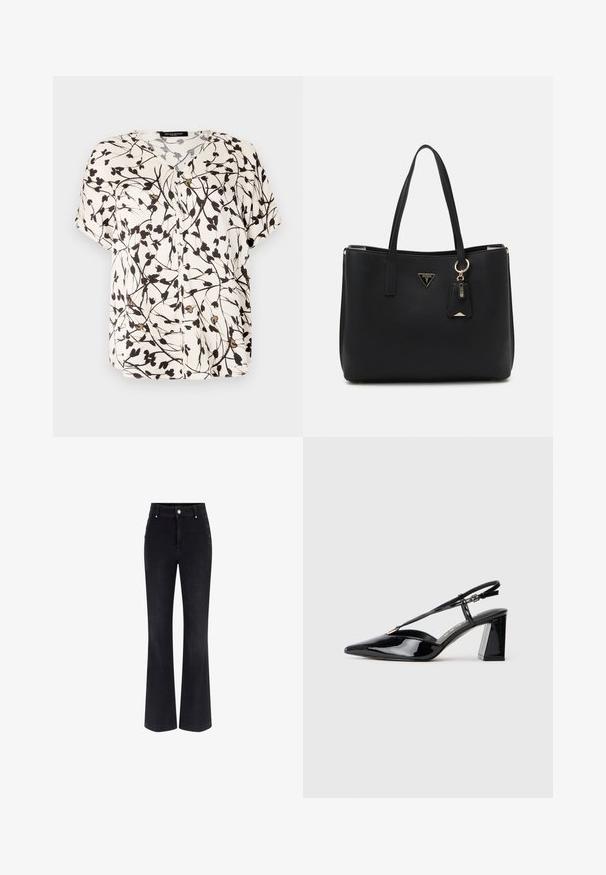 Lühikeste varrukatega, nööpidega pluus helesinises, musta lilledega disainiga. Omab V-kaelust ja pehmet, kerget kangast.; Mustad denimist vööb koos kõrge vöörettevõtte, viie tasku disaini ja metallist nupuga aksessuaaridega külgedel. Sile tekstuur ja klassikaline lõige.; Mustadast mustast lakknahast kõrge kontsaga kingad, millel on terav varvas, reguleeritav rihm ja jäme ristkülikuline konts.; Musthave mustkott, mis on valmistatud tekstuuriga sünteetilisest materjalist, kahes käepidemes, millel on kuldne logo plaat ja väike märgistus koos aksendiga.