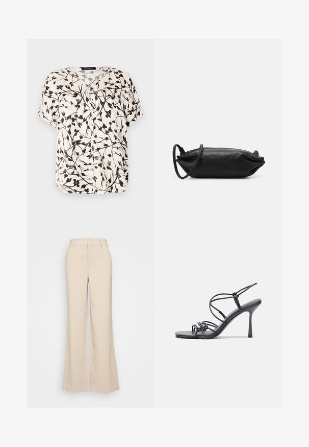Blusa a maniche corte, con bottoni, in bianco sporco con design floreale nero. Presenta un collo a V e un tessuto morbido e leggero.; Pantaloni beige a gamba larga con una texture liscia, caratterizzati da una vita alta e due tasche frontali. Design pulito con una vestibilità sartoriale.; Sandali neri con tacco alto presentano sottili cinturini con design annodato, una punta quadrata liscia e un elegante tacco a spillo.; Borsa a tracolla nera in pelle, di forma rettangolare, con una texture liscia, una sottile tracolla e un design minimalista.