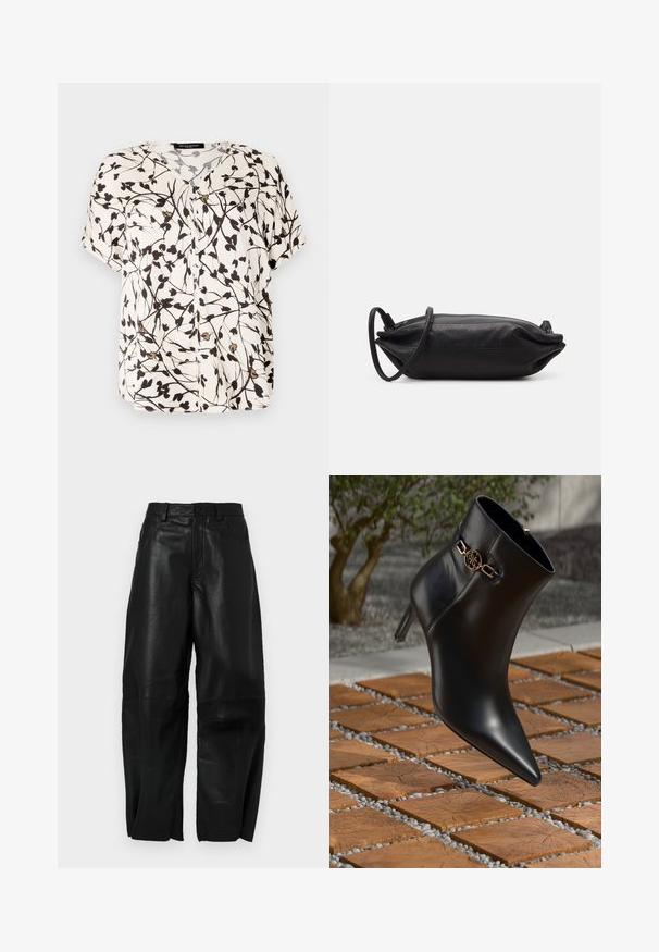 Blusa de manga corta, con botones, en color blanco roto con diseño floral negro. Presenta un escote en V y una tela suave y ligera.; Pantalones de cuero negro con un corte holgado, que presentan un diseño de pierna recta, bolsillos frontales y detalles de costura visibles.; Botín de cuero negro a la altura del tobillo con puntera afilada y tacón pequeño. Presenta un acento de cadena dorada en el tobillo. Rodeado por una superficie de piedra texturizada.; Bolso de mano de cuero negro con forma rectangular, textura suave, correa delgada para el hombro y diseño minimalista.