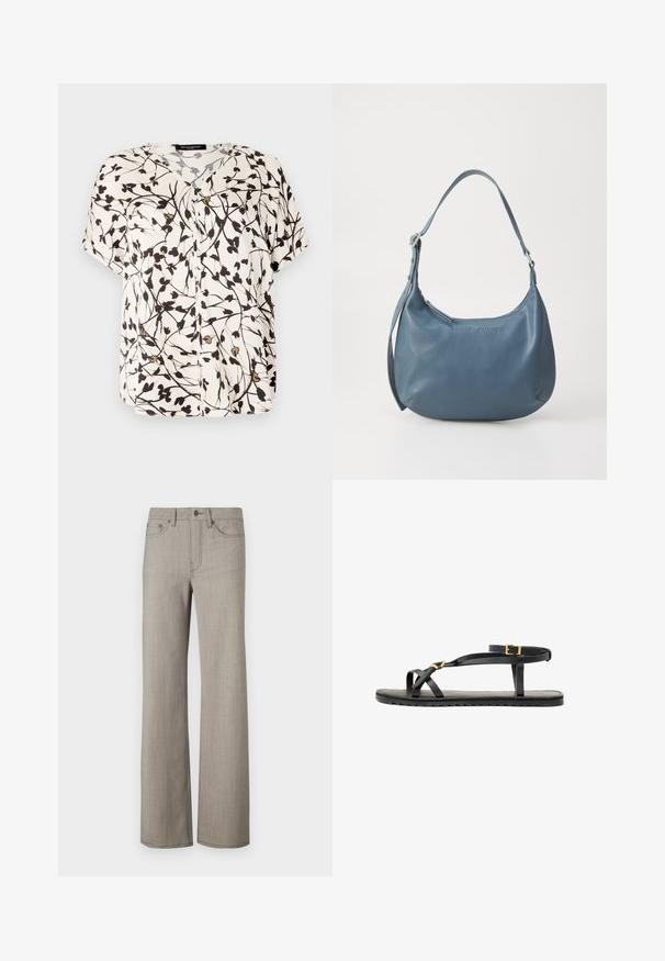 Kortærmet knap-up bluse i off-white med sort blomsterdesign. Har V-udskæring og blødt, let stof.; Bredde benbukser i en lys grå, tekstureret stof med en glat overflade. Har en knaplukning og fem-lomme design.; Sorte lædersandaler med tynde stropper og en spændet ankelrem. Flad sål med en tekstureret overflade og zigzag kant. Minimalistisk design.; Blå læderhåndtaske med en rundt form, enkelt skulderstrop, lynlås lukning og præget brandnavn på fronten. Glat tekstur.