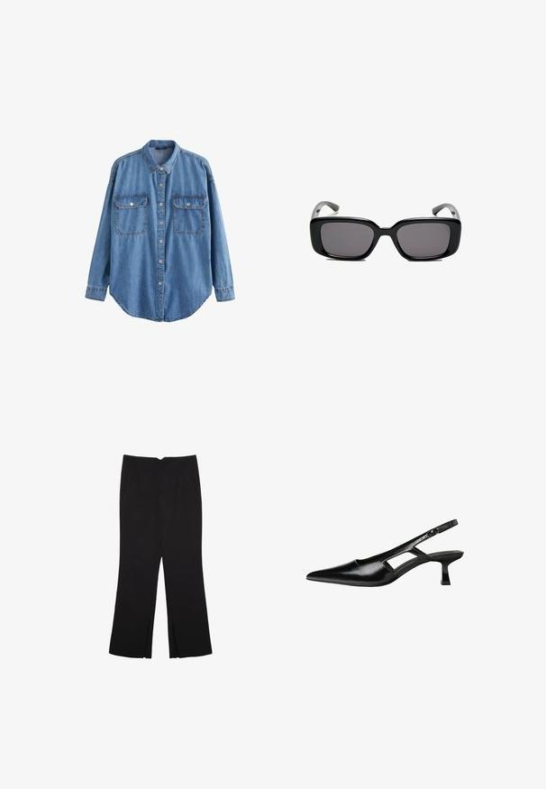 Next TALL - Button-down blouse - mid blue; Black trousers with a straight fit, featuring front pockets and side slits at the hem. Made of soft, smooth fabric. Suitable for various occasions.; Black patent leather slingback heels with a pointed toe, cut-out side design, and a small square heel. Smooth texture with minimal accents.; Black rectangular sunglasses with dark lenses, smooth plastic frame, and curved temples. The design is chunky with a minimalist aesthetic.