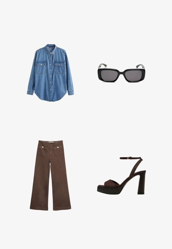 Next TALL - Button-down blouse - mid blue; Brown wide-leg trousers made of cotton, featuring two front pockets with silver buttons, and a smooth texture.; Brown suede high-heeled sandal with an open toe, adjustable ankle strap, and a striped platform sole.; Black rectangular sunglasses with dark lenses, smooth plastic frame, and curved temples. The design is chunky with a minimalist aesthetic.