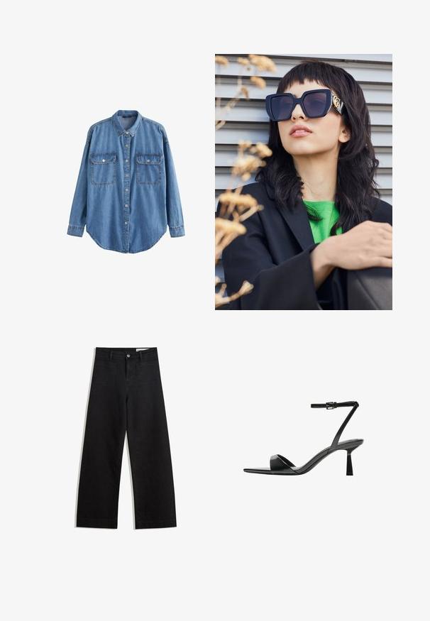 Next TALL - Overhemdblouse - mid blue; Zwarte denim broek met wijde pijpen en een hoge taille, voorzien van voor- en achterzakken, gestikte naden en een knoopsluiting. Gladde textuur.; Bershka Sandalen met hoge hak - black; Overgedimensioneerde zwarte zonnebril met een dikke rand en gouden accent, gedragen met een zwarte blazer en felgroen shirt, tegen een horizontale achtergrond.