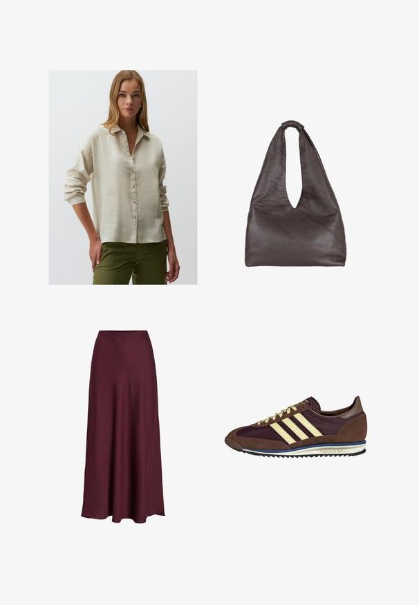 Helle beige Leinen-Hemdbluse mit lockerer Passform, langen Ärmeln und aufgerollten Bündchen, kombiniert mit olivgrünen Hosen.; Burgunderfarbene Satin-Maxikleid mit glatter Textur, hoher Taille und fließender Silhouette, die sich sanft zur Saumkante hin ausläuft.; Braune und burgunderfarbene Sneaker aus Wildleder und Mesh-Materialien, mit drei cremefarbenen Streifen, strukturiertem Stoff an der Zunge und einer Gummisohle.; Braune Lederhandtasche mit einem lässigen, übergroßen Design. Verfügt über einen Schlaufenhandgriff und eine tiefe V-förmige Öffnung für einfachen Zugang. Weiche Textur, minimalistischer Stil.