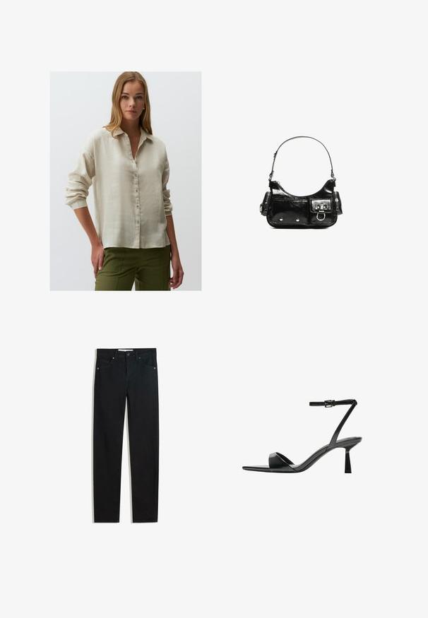 Lichtbeige linnen overhemd met knopen en een comfortabele pasvorm, lange mouwen en opgerolde manchetten, gecombineerd met olijfgroene broeken.; Zwarte denimbroek met een recht silhouet, vijf zakken, metalen knoopsluiting en subtiele stikdetails. Gladde textuur.; Bershka Sandalen met hoge hak - black; Zwarte laarzen in lakleer met een gebogen vorm, één schouderband, voorvakken en accenten in zilverkleurig metaal.