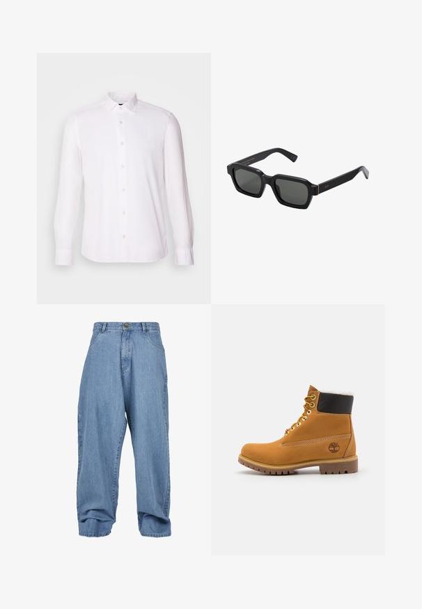 Camicia bianca a maniche lunghe realizzata in tessuto morbido con colletto button-down, caratterizzata da un logo discreto e polsini con un solo bottone.; Polo bianco realizzato in cotone. Presenta un colletto classico, una chiusura a tre bottoni e maniche corte. Logo discreto ricamato sul petto.; Pantaloni in denim azzurro chiaro con vestibilità ampia, chiusura con bottone, tasche frontali e orlo risvoltato, dotati di un classico design a cinque tasche.; Stivale alla caviglia in pelle marrone con occhielli metallici, fodera in pelliccia bianca, colletto imbottito nero, suola robusta e logo impresso sul lato.; Occhiali da sole neri, di forma quadrata, con lenti grigie. Le montature in plastica spessa presentano dettagli dorati e branding sulla tempia. Texture liscia.
