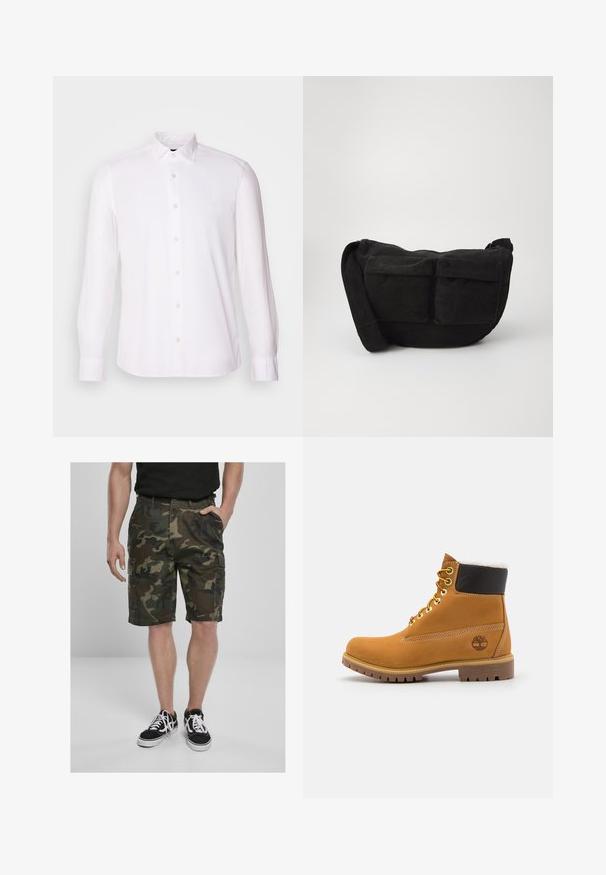 Witte blouse met lange mouwen van gladde stof, voorzien van een button-down kraag, een discreet logo en manchetten met één knoop.; Camo cargoshorts met cargopockets, gemaakt van geweven stof in groene en bruine tinten. Gecombineerd met zwarte sneakers met witte veters.; Bruine leren enkellaars met metalen oogjes, witte faux bont voering, zwarte gewatteerde kraag, robuuste zool en een reliëflogo aan de zijkant.; Zwarte corduroy schoudertas met verstelbare strap, voorzien van voorzakken en een zachte textuur. Compact ontwerp met minimale details.