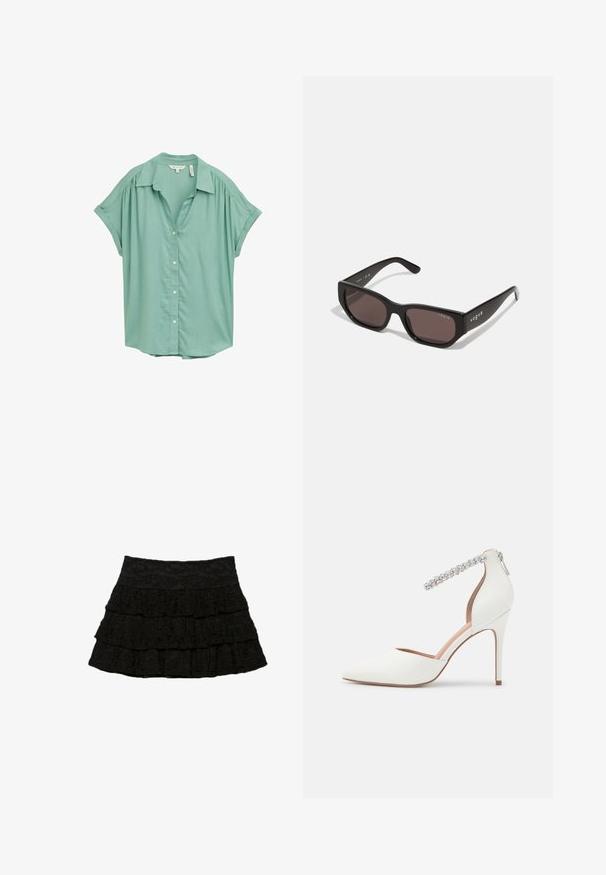 Mento vihreä lyhythihainen napitettava paita, jossa on kauluskanta, hienovarainen ryppyys olkapäillä ja rento leikkaus. Sujuva kankaan rakenne.; Musta kerroksellinen hame, jossa on kolme kerrosta röyhelöitä ja teksturoitu kukkakuvaus. Kuminauha vyötäröllä mukavuutta ja istuvuutta varten.; Valkoinen korkokenkä, jossa on terävä kärkimuotoilu, nahkamateriaali, säädettävä nilkkahihna, johon on koristeltu kristalleilla, ja kapea stiletto-korko.; Mustat suorakulmaiset aurinkolasit tummilla linsseillä. Ominaisuuksina sileä muovikehys ja logotieto tempussa. Siisti, moderni muotoilu.; Michael Kors kääröbeige pinnoitettua kangasta, jossa on toistuva MK-logo -kuvio, kultaiset yksityiskohdat ja irrotettava ketjuhihna.