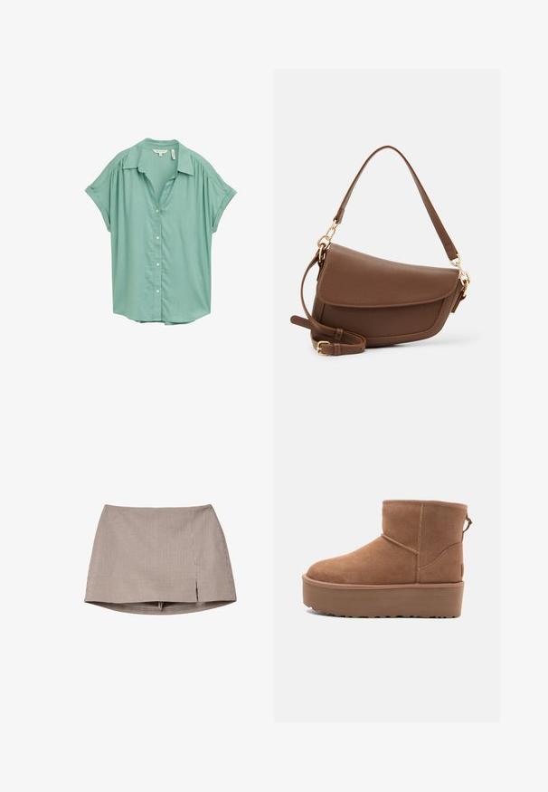 Mintgrünes kurzärmliges Hemd mit Knopfleiste und kragenartigem Ausschnitt, sanften Falten an den Schultern und einem lässigen Schnitt. Glatte Stofftextur.; Braun-weißer, kariert Minirock mit einem vorderen Schlitz, flach auf einem weißen Hintergrund ausgebreitet.; Beige Wildleder-Ankle-Boot mit Plateausohle, abgerundetem Zehenbereich und abgesteppten Akzenten; verfügt über eine Zuglasche hinten für einfaches An- und Ausziehen.; Braune Lederschultertasche mit strukturiertem Finish, geschwungener Form, goldfarbenen Beschlägen, verstellbarem Schulterriemen und Klappenverschluss.