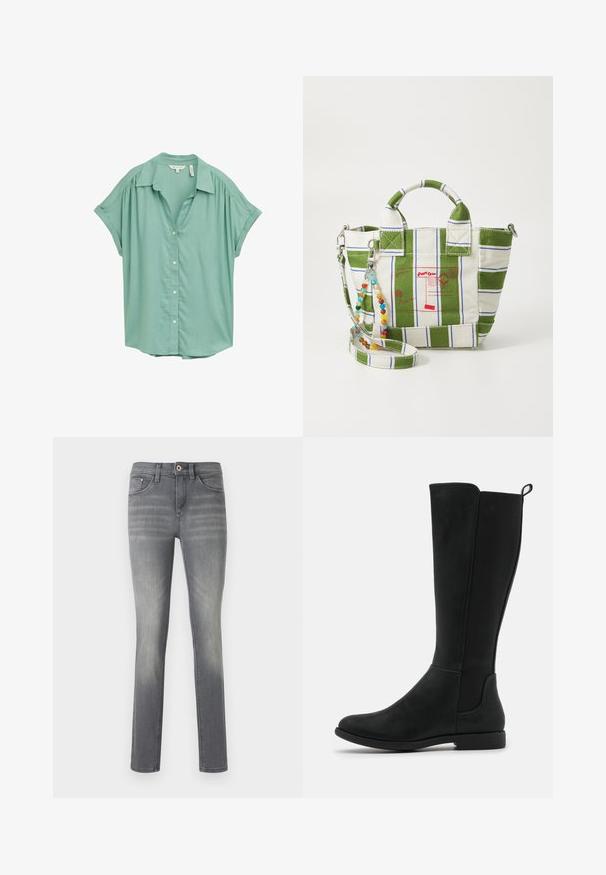 Camicia button-up a maniche corte di colore verde menta con colletto, pieghe sottili sulle spalle e vestibilità rilassata. Tessuto liscio.; Top tank bianco a costine con scollatura a barco e spalline larghe. Tessuto morbido e orli cuciti. Design semplice e aderente.; Jeans in denim grigio con una vestibilità slim, caratterizzati da un lavaggio sbiadito, cinque tasche, chiusura con bottone e dettagli di cucitura sottili.; Stivali neri in faux pelle al ginocchio con una superficie liscia, pannelli elastici laterali e una suola bassa e piatta per il comfort.; Borsa tote in tela con design a strisce verdi e bianche, caratterizzata da grafiche postali rosse. Include una tracolla staccabile con perline e doppi manici.