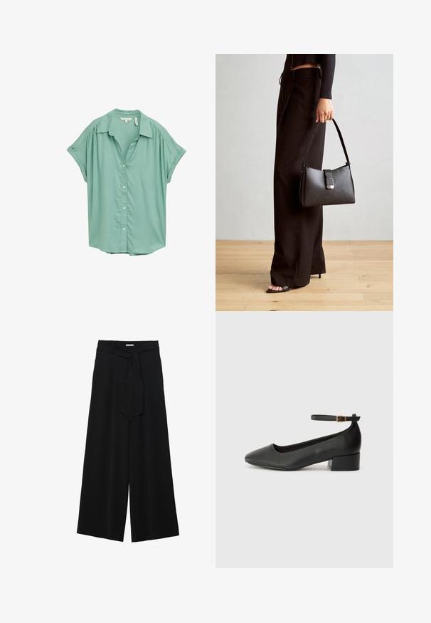 Mündroheline lühikeste varrukatega nööbiga särke, millel on krae, õlgadel on peened voltimisdetailid ja lõtv istuvus. Sile kangastekstuuri.; Mustad laiad püksid, millel on tekstureeritud kangas, elastne vöökoht ja eemaldatav pael vööst, et reguleerida sobivust.; Must mustaapp, millel on terav nina ja madal blokk-kand. Omab pahkluu rihma koos kuldse tooni pandlaga. Sile tekstuur.; Must musta kott, millel on struktureeritud kuju, sile tekstuur ja metallist klamber. Kombineeritud laiate mustade pükstega ja avatud varvaste sandaalidega puidust põrandal.