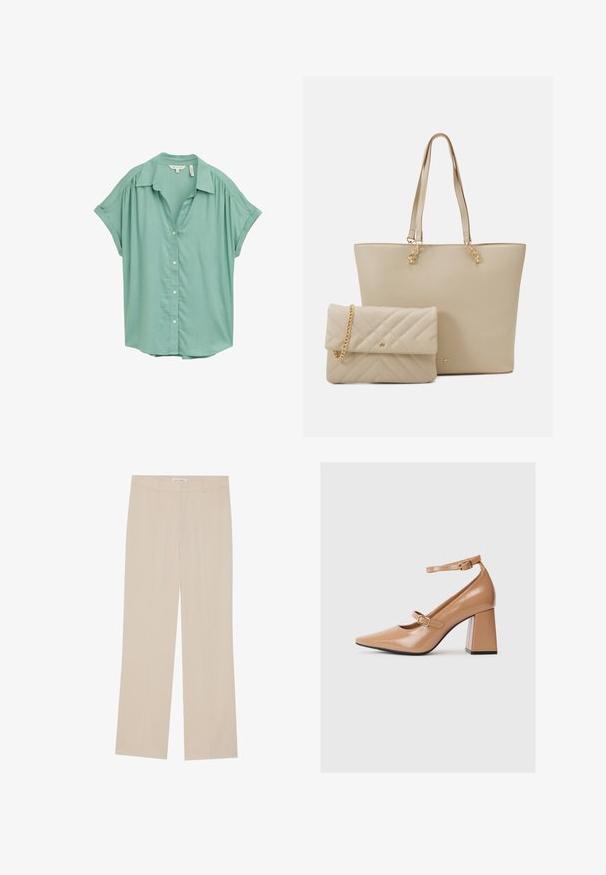 Mentolová krátka košeľa s gombíkmi, s golierom, jemným skladaním na pleciach a voľným strihom. Hladká textúra látky.; Béžové široké nohavice s hladkou textúrou, majúce prispôsobený strih, dve predné vrecká a jemný záhyb pozdĺž nohavíc.; Béžové lakované vysoké topánky na podpätku s špicatou špičkou, členkovým popruhom a širokým štvorcovým podpätkom. Hladká textúra s lesklým povrchom.; Bežová taška na plece s plochými uchami, hladkým povrchom a zlatými kovovými detailami, doplnená zladenou prešívanou kabelkou s reťazovou rukoväťou.