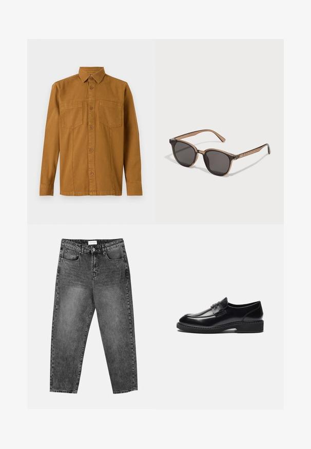 TOM TAILOR Camisa - deep cognac; Conjunto de cinco t-shirts de manga curta nas cores branco, bege, cinza claro, cinza escuro e preto. Feitas de algodão suave, com design de gola redonda.; Jean straight-leg preto deslavado com bolsos frontais e traseiros, passantes para cinto e fecho de botão na cintura.; Zign LEATHER - Sapatos slip-on elegantes - black; Óculos de sol de plástico castanho com lentes escuras, forma arredondada e hastes afiladas. Decoração notável nas hastes.; Mala de duffle preta com alças grossas e uma alça destacável. Feita de um tecido suave, com fecho de zip e design minimalista.