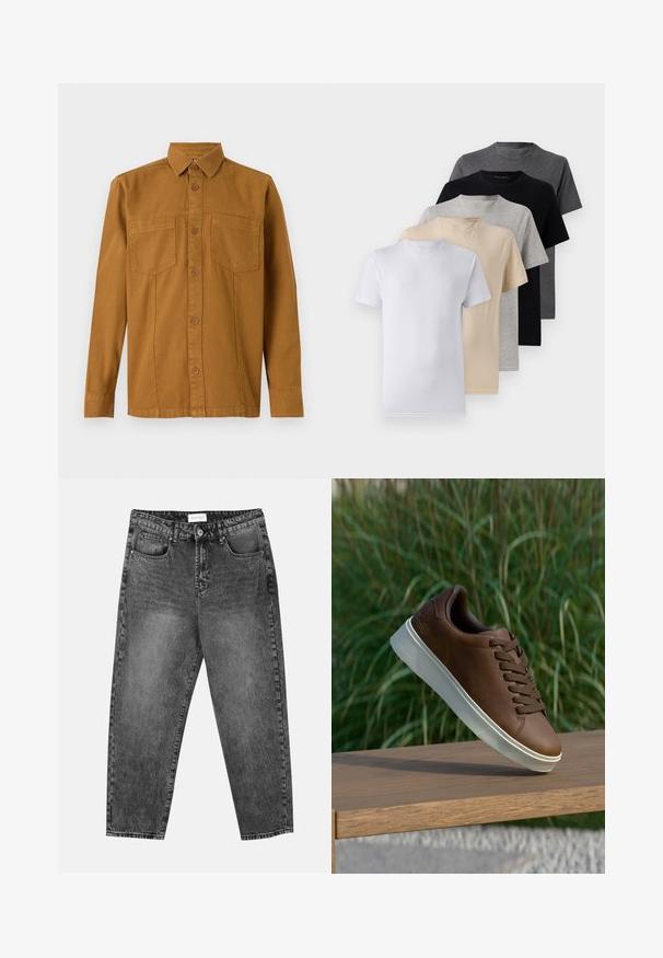 TOM TAILOR Chemise - deep cognac; Ensemble de cinq t-shirts à manches courtes en blanc, beige, gris clair, gris foncé et noir. Fabriqués en coton doux, présentant un design à col rond.; Jean noir délavé à jambe droite avec poches avant et arrière, passants de ceinture et bouton de fermeture à la taille.; Baskets en cuir marron avec semelle en caoutchouc blanche, bout rond et lacets marron. Semelle avec grip texturé et finition lisse sur le dessus.