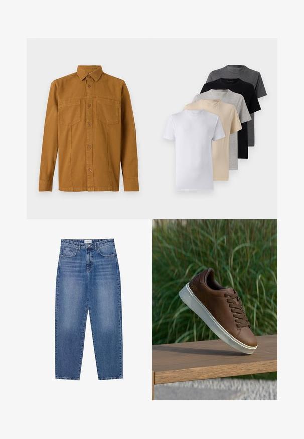 TOM TAILOR Chemise - deep cognac; Ensemble de cinq t-shirts à manches courtes en blanc, beige, gris clair, gris foncé et noir. Fabriqués en coton doux, présentant un design à col rond.; Jean en denim bleu avec une taille haute, une coupe droite et une finition délavée. Comprend cinq poches et une fermeture à bouton.; Baskets en cuir marron avec semelle en caoutchouc blanche, bout rond et lacets marron. Semelle avec grip texturé et finition lisse sur le dessus.