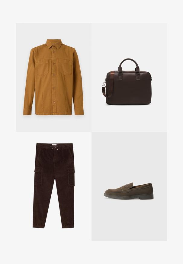 TOM TAILOR Hemd - deep cognac; Braune Cordcargo-Hosen mit elastischem Bund, Kordelzug, zwei seitlichen Taschen und zwei großen Cargo-Taschen an den Oberschenkeln.; Braunes Wildleder-Loafer mit runder Kappe, einem Riemen über dem Spann und einer flachen Gummisohle. Einfaches Design mit klaren Linien und minimalen Details.; Braune Leder-Laptoptasche mit strukturierter Oberfläche, doppelten Obergriffen, verstellbarem Gurt und zwei vorderen Schnallen für zusätzlichen Detailreichtum.