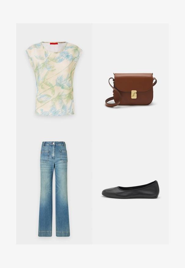 Lyhythihainen paita kevyestä kankaasta, jossa on vaalea tausta ja vihreä-sininen palmunlehtikuvio. Pyöreä pääntie, rento malli.; Vaaleansiniset farkut leveällä lahkeella, joissa on viisi taskua, vyölenkit, nappisulku ja hieman haalistunut pinta, sekä punainen logotyyppitys takana.; Musta nahkainen ballerina, jossa on pyöristetty kärki, sileä pinta, minimaalinen ommelkoristelu ja joustava pohjamuotoilu.; Ruskea nahkainen käsilaukku, jossa on läppäkiinnitys, kultasävyiset yksityiskohdat, olkahihna ja sileä pinta. Kompaktin suorakaiteen muotoinen.