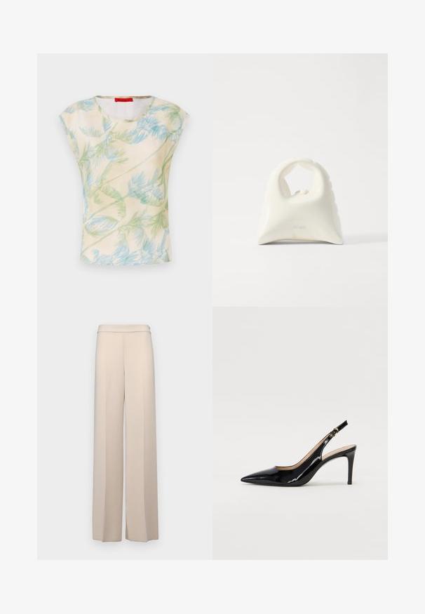 Kurzärmliges Oberteil aus leichtem Stoff mit cremefarbenem Hintergrund und einem Muster aus grünen und blauen Palmblättern. Rundhalsausschnitt, lockere Passform.; Beige weit geschnittene Hose aus glattem Stoff, mit hoher Taille und dezenten Vorderfalten. Keine Taschen oder sichtbare Hardware-Details.; Schwarz lackierte Slingback-Pumps mit spitzem Zehenbereich, schlankem Absatz und einem subtilen Ausschnittdesign. Verfügt über eine goldene Schnalle am Riemen.; Weiße Handtasche mit einem strukturierten, geschwungenen Design. Verfügt über einen auffälligen Griff und einen abgerundeten Boden, mit einer glatten Oberfläche und minimalem Beschlag.