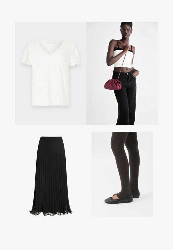 T-shirt bianco a maniche corte con scollatura a V e texture in pizzo floreale, caratterizzato da un taglio leggermente oversize e da un materiale morbido e leggero.; Gonna maxi plissè nera realizzata in tessuto leggero con un design fluido. Presenta un orlo arricciato e una vita elasticizzata per il comfort.; Scarpe nere a flat con un piccolo fiocco sulla punta, abbinate a collant a coste marrone scuro. Le scarpe hanno una texture liscia e un profilo basso.; Borsa a tracolla in morbido tessuto bordeaux con design arricciato e una lunga tracolla, indossata a tracolla. Il modello indossa un top corto bianco e jeans neri.