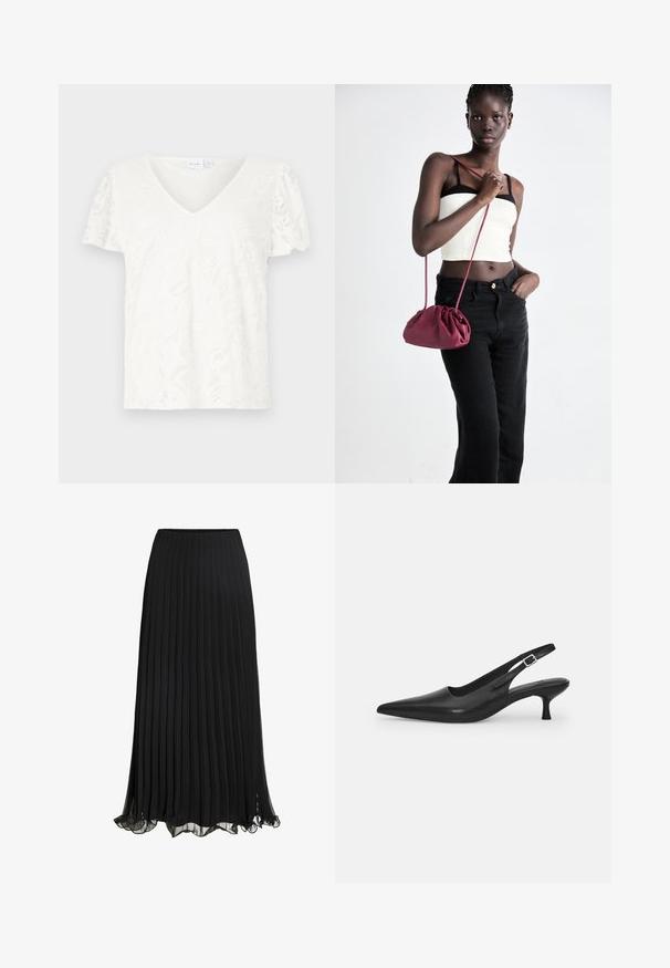 T-shirt bianco a maniche corte con scollatura a V e texture in pizzo floreale, caratterizzato da un taglio leggermente oversize e da un materiale morbido e leggero.; Gonna maxi plissè nera realizzata in tessuto leggero con un design fluido. Presenta un orlo arricciato e una vita elasticizzata per il comfort.; Scarpa slingback nera in pelle con punta affusolata e tacco sottile e curvato. Presenta una discreta fascia regolabile con una fibbia in metallo.; Borsa a tracolla in morbido tessuto bordeaux con design arricciato e una lunga tracolla, indossata a tracolla. Il modello indossa un top corto bianco e jeans neri.