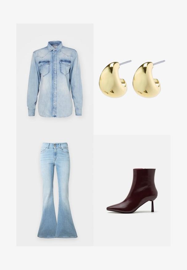 Lyseblå denimskjorte med lange ærmer, spidse krave, to brystlommer og knaplukning. Har en falmet tekstur og klassisk design.; Lyseblå flagrende jeans lavet af denim. Har høj talje med to knapper og let blegning mod kanten. Klassisk fem-lomme design.; Bordeaux patentlæder ankelstøvle med spids tå og slank stiletto hæl, der har en glat, blank overflade og minimalistisk design.; Guldfarvede øreringe med en glat, rund form, der har en reflekterende overflade og en stift, der sikrer en sikker pasform.