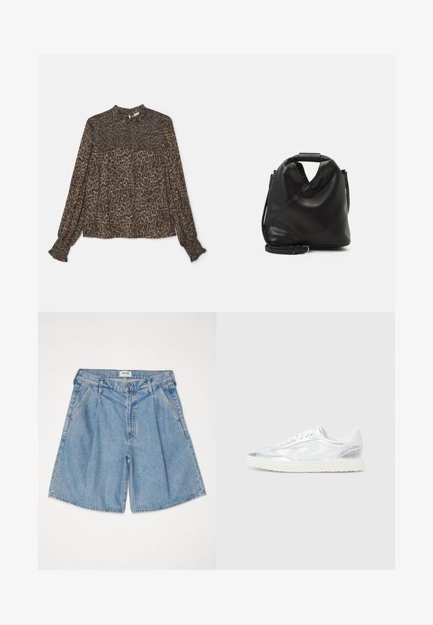 Leopardenmusterbluse in Brauntönen und Grüntönen, mit hohem Kragen, langen Ärmeln und gerafften Details am Saum und an den Manschetten.; Hellblaue Denim-Shorts mit lockerer Passform, hoher Taille, seitlichen Taschen und einem Knopfverschluss. Überall mit einem verblassten Effekt.; Weiße Sneaker mit metallic-silbernen Akzenten, glatter Textur, runder Zehenpartie, flacher Sohle und traditionellem Schnürdesign.; Schwarze, weiche Ledertasche mit einem einzigartigen verdrehten Design. Hat einen kurzen Griff und einen abnehmbaren Schultergurt. Minimalistischer Stil.