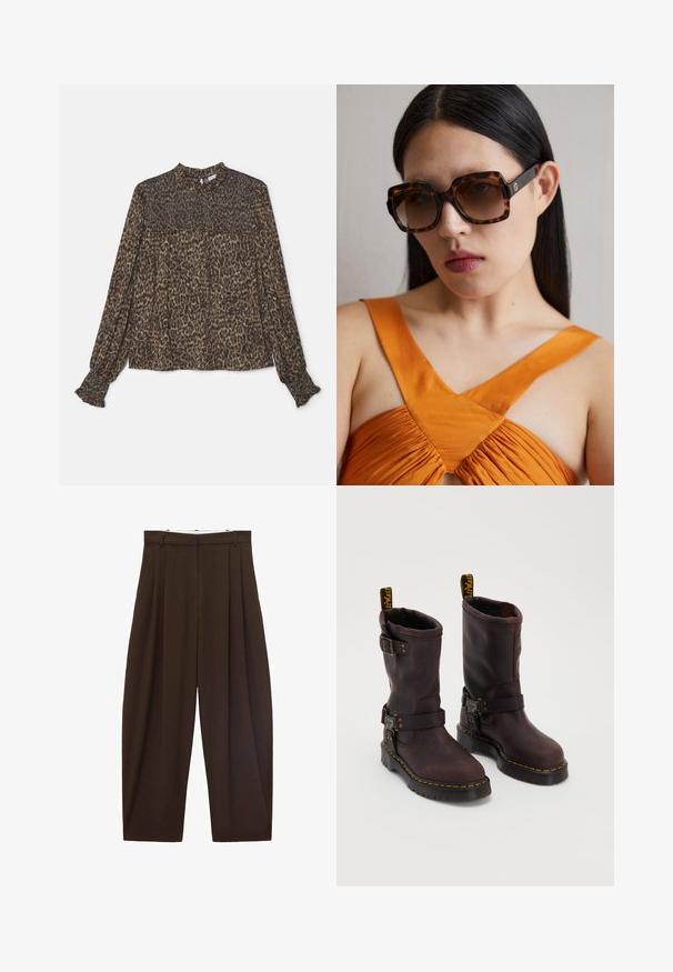 Blusa a fantasia leopardata nei toni del marrone e del verde, con collo alto, maniche lunghe e dettagli arricciati sull'orlo e sui polsini.; Pantaloni marroni a vita alta con pieghe, realizzati in tessuto morbido. Vestibilità ampia, design a gamba dritta, dotati di passanti per cintura e chiusura con zip.; Stivali in pelle marrone con design fino al polpaccio, dotati di cinghia e fibbia, suola nera spessa e dettagli in cucitura gialla.; Occhiali da sole oversize in tartaruga marrone con una ampia montatura rettangolare e lenti sfumate. Dettaglio del logo in oro sul lato.; Borsa a tracolla in pelle nera con dettagli a frangia, catena dorata e manico ritagliato. Presenta il logo sulla parte anteriore.