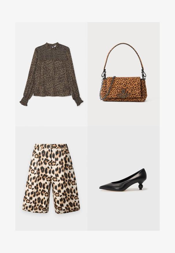 Leopardenmusterbluse in Brauntönen und Grüntönen, mit hohem Kragen, langen Ärmeln und gerafften Details am Saum und an den Manschetten.; Leopardenprint-Shorts mit einer Mischung aus beige und schwarzen Tönen, plissiertem Design und Seitentaschen. Hergestellt aus glatt glänzendem Stoff.; Schwarze Leder-Pumps mit spitzem Zehenbereich und runder, ballförmiger Ferse. Glatte Textur mit einem eleganten, minimalistischen Design.; Tasche im Leopardenmuster aus Wildleder mit kurzem Tragegriff, einer Kettenriemen und einem schwarzen Hardware-Verschluss. Rechteckige Form mit Klappenverschluss.
