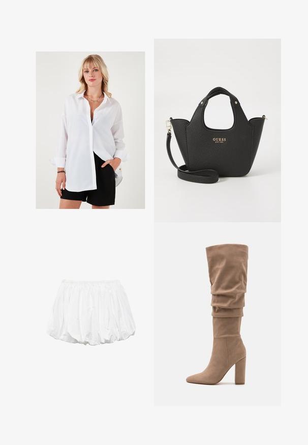 Camicia bianca a maniche lunghe, vestibilità comoda, con colletto a punta. Abbinata a pantaloni corti neri con un bottone accentato in oro.; Pantaloni corti a palloncino in cotone bianco con cintura elastica e design plissettato, caratterizzati da una texture liscia e una forma arrotondata.; Anna Field Stivali alti - beige; Borsa a tracolla nera texturizzata con manici corti e tracolla rimovibile. Presenta un accento del logo dorato. Forma compatta e strutturata.