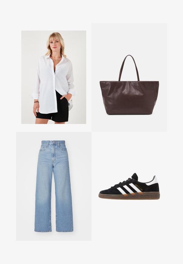 Camicia bianca a maniche lunghe, vestibilità comoda, con colletto a punta. Abbinata a pantaloni corti neri con un bottone accentato in oro.; Top rosa senza maniche con scollatura a V, caratterizzato da dettagli arricciati e una stampa floreale. Piccole fiori rossi sono sparsi su uno sfondo a pois.; Jeans a vita alta blu chiaro con gamba larga, chiusura frontale con bottone e zip, tasche anteriori e posteriori, su uno sfondo bianco.; Sneaker Adidas nere con strisce bianche, testo "Spezial" dorato, suola in gomma e tab sul tallone bianco, mostrato in veduta laterale.; Borsa tote in pelle intrecciata marrone con due manici, dalla forma strutturata e superficie texturizzata, caratterizzata da un motivo a diamante in tutto il suo corpo.