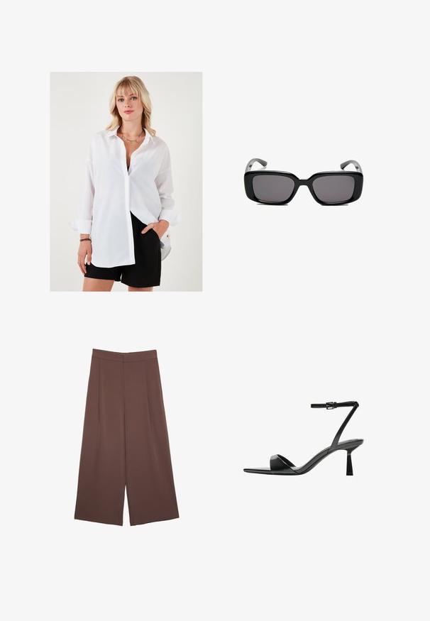 Valkoinen nappipaita pitkillä hihoilla, rento malli ja terävä kaulus. Yhdistetty mustiin shortseihin, joissa on kultainen korostuspainike.; Ruskeat leveälahkeiset housut, joissa on sileä pinta, korkea vyötärö ja etupleat. Kangas on kevyttä ja laskeutuu väljänä.; Bershka Korolliset sandaalit - black; Mustat suorakulmaiset aurinkolasit tummilla linsseillä, sileä muovikehys ja kaarevat templet. Suunnittelu on jykevä ja minimalistinen.