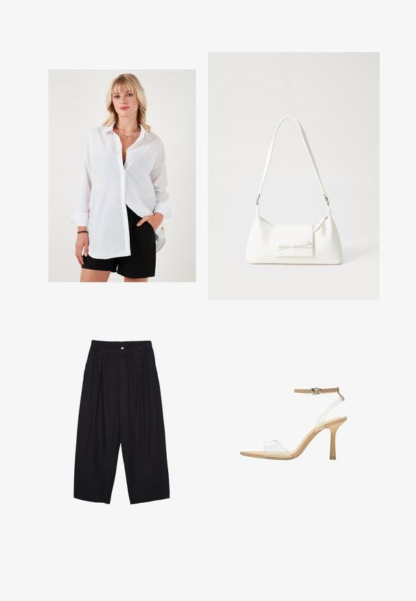 White button-up shirt with long sleeves, relaxed fit, and a sharp collar. Paired with black shorts featuring a gold accent button.; Black polyester culotte pants with an elastic waistband, two front pleats, and a loose silhouette. No visible patterns or hardware details.; Clear heeled sandal with a transparent upper, beige footbed, and a slender ankle strap. Features a pointed toe and a thin high heel.; White synthetic handbag with a triangular shape, flat front flap and bow detail, adjustable strap, smooth texture, and minimalistic design.