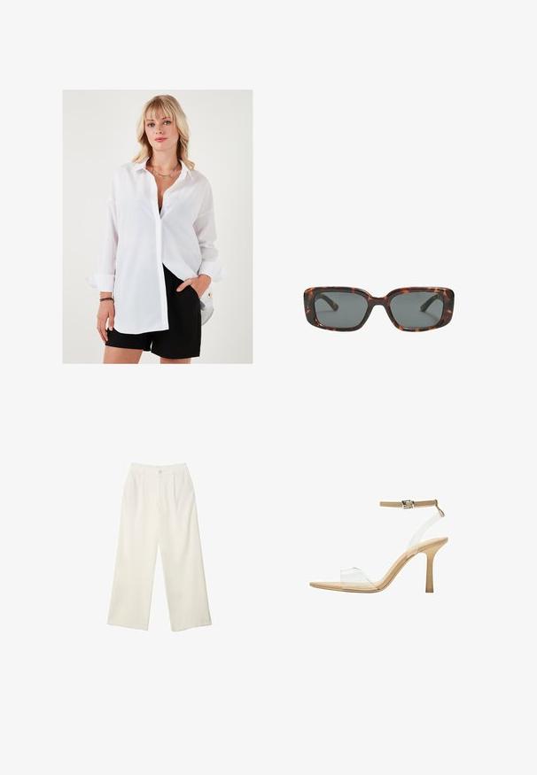 Valkoinen nappipaita pitkillä hihoilla, rento malli ja terävä kaulus. Yhdistetty mustiin shortseihin, joissa on kultainen korostuspainike.; Kermanhousut vaaleassa kankaassa, jossa on sileä rakenne, yksittäinen etunappi, hienovaraiset laskokset ja korkea vyötärömuotoilu.; Kirkas korkokenkä läpinäkyvällä varrella, beigellä pohjalla ja hoikalla nilkkahihnalla. Ominaisuuksiin kuuluu terävä kärki ja ohut korkea korko.; Silmälasit pähkinäkuoresta, joissa on suorakulmaiset linssit, paksut kehykset ja tummennetut linssit. Sileä pinta ja minimalistinen muotoilu.