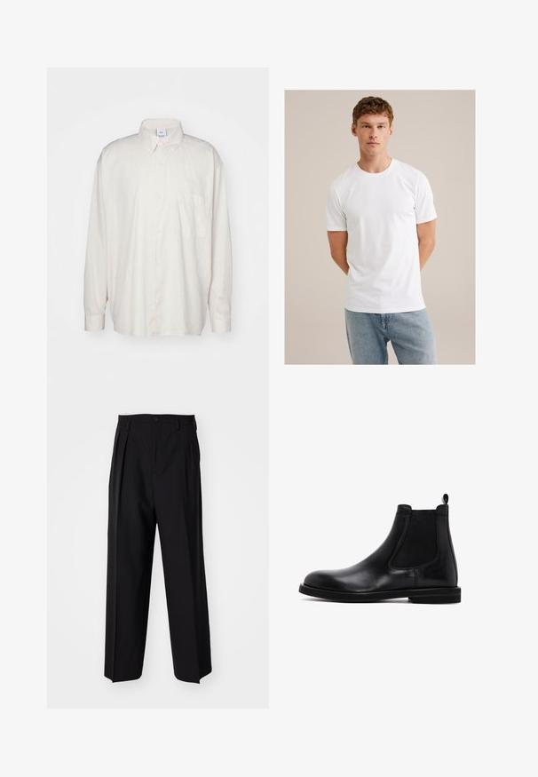 Camisa de botones de color beige claro hecha de algodón, con un cuello clásico, mangas largas y un único bolsillo en el pecho. Textura suave.; Joven con cabello castaño claro que lleva una camiseta blanca de manga corta y jeans azul claros, frente a un fondo beige.; Pantalones negros plisados con un diseño recto y de pierna ancha. Fabricados en una tela suave, presentan un cierre de botón y trabillas para el cinturón.; Botas Chelsea negras de cuero con paneles laterales elásticos y un tirador. Textura suave, punta redondeada, suela plana de goma.