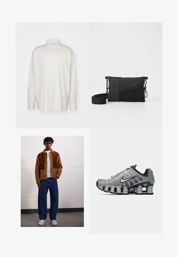 Lichtbeige overhemd met knopen van katoen, met een klassieke kraag, lange mouwen en een enkele borstzak. Gladde textuur.; Man die binnen staat en een bruine corduroyjas met roestvlekken, een wit T-shirt, losse blauwe spijkerbroeken en witte sneakers draagt.; Grijze en zwarte Nike hardloopschoen met zichtbare veerachtige demping onder de zool en een wit swoosh-logo aan de zijkant.; Zwarte schoudertas van textiel met een gestructureerd oppervlak, met een diagonaal ontwerp, verstelbare schouderband en trekkoordsluitingen aan de zijkanten.