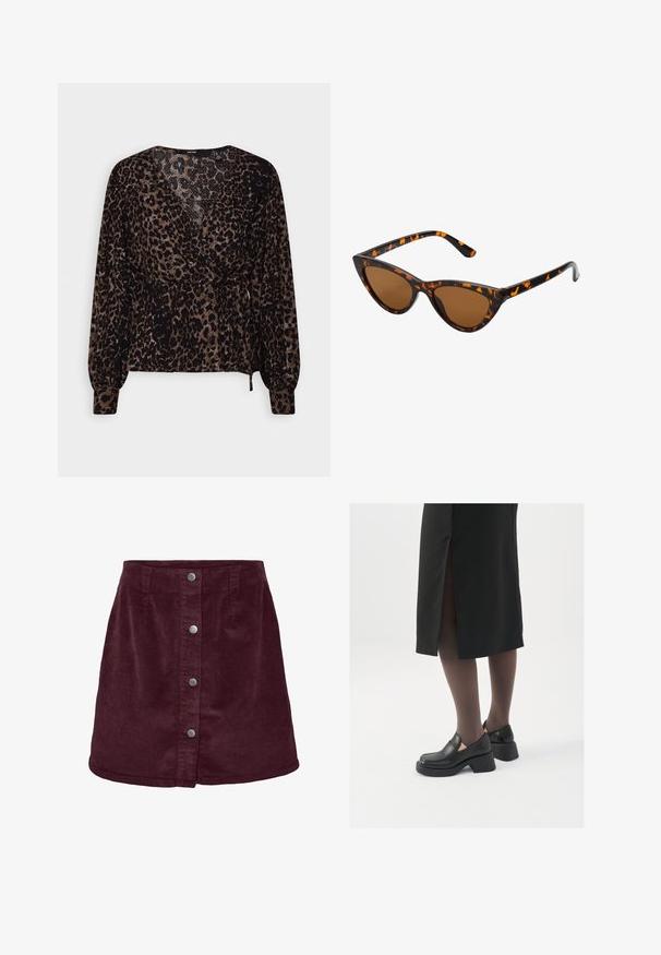 Zwarte en bruine luipaardprint blouse met lange mouwen, een wikkelontwerp en een strik in de taille. Geweven stof met een peplum silhouette.; Bordeaux corduroy mini-jurk met A-lijnvorm, voorzien van vijf zilveren knopen aan de voorkant en een subtiele ribbelstructuur.; Zwarte leren schoenen met een ronde neus, dikke blokhak en elastische zijkanten, gecombineerd met donkere panty's en een zwarte rok met een split.; Cat-eye zonnebril met een zwart en oranje schildpadframe, bruine lenzen en slanke, puntige uiteinden. Bevat een minimalistisch logo op de poot.