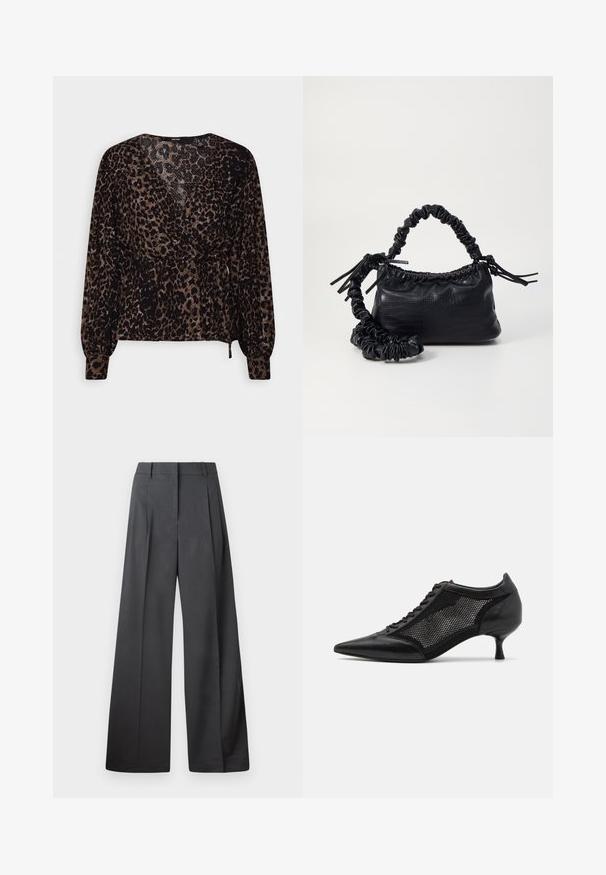Blúzka s potlačou leopardích vzorov v čiernej a hnedej farbe, s dlhými rukávmi, s prekrývaním a viazaním v páse. Textúrovaná tkanina s siluetou peplum.; Nohavice s širokými nohavicami z tmavošedej látky, s vysokým pásom, jedinými záhybmi a hladkou textúrou s čistým zakončením na lemoch.; Čierna topánka s ostrou špičkou a sieťovaným panelom, s nízkym opätkom a šnurovaním vpredu. Vyrobená z kombinácie kože a sieťoviny.; Čierna umelá kožená kabelka s kroko vzorom, sťahovaným vrchom a zhnutým popruhom. Vyzerá mäkko a kompaktné v dizajne.